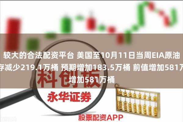 较大的合法配资平台 美国至10月11日当周EIA原油库存减少219.1万桶 预期增加183.5万桶 前值增加581万桶